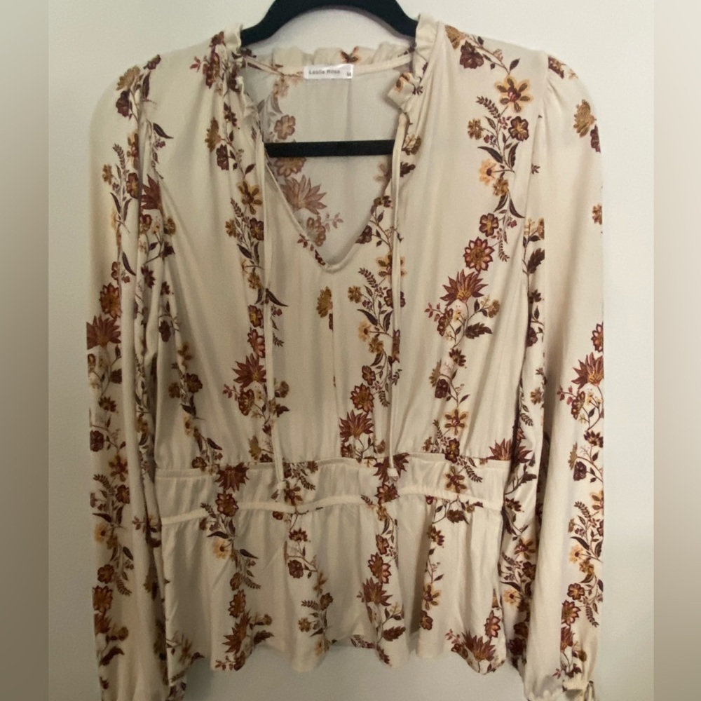 Leslie Rose Peplum Blouse  with Ties at the Sleeves Medium PTP 21-24 New W/Tags